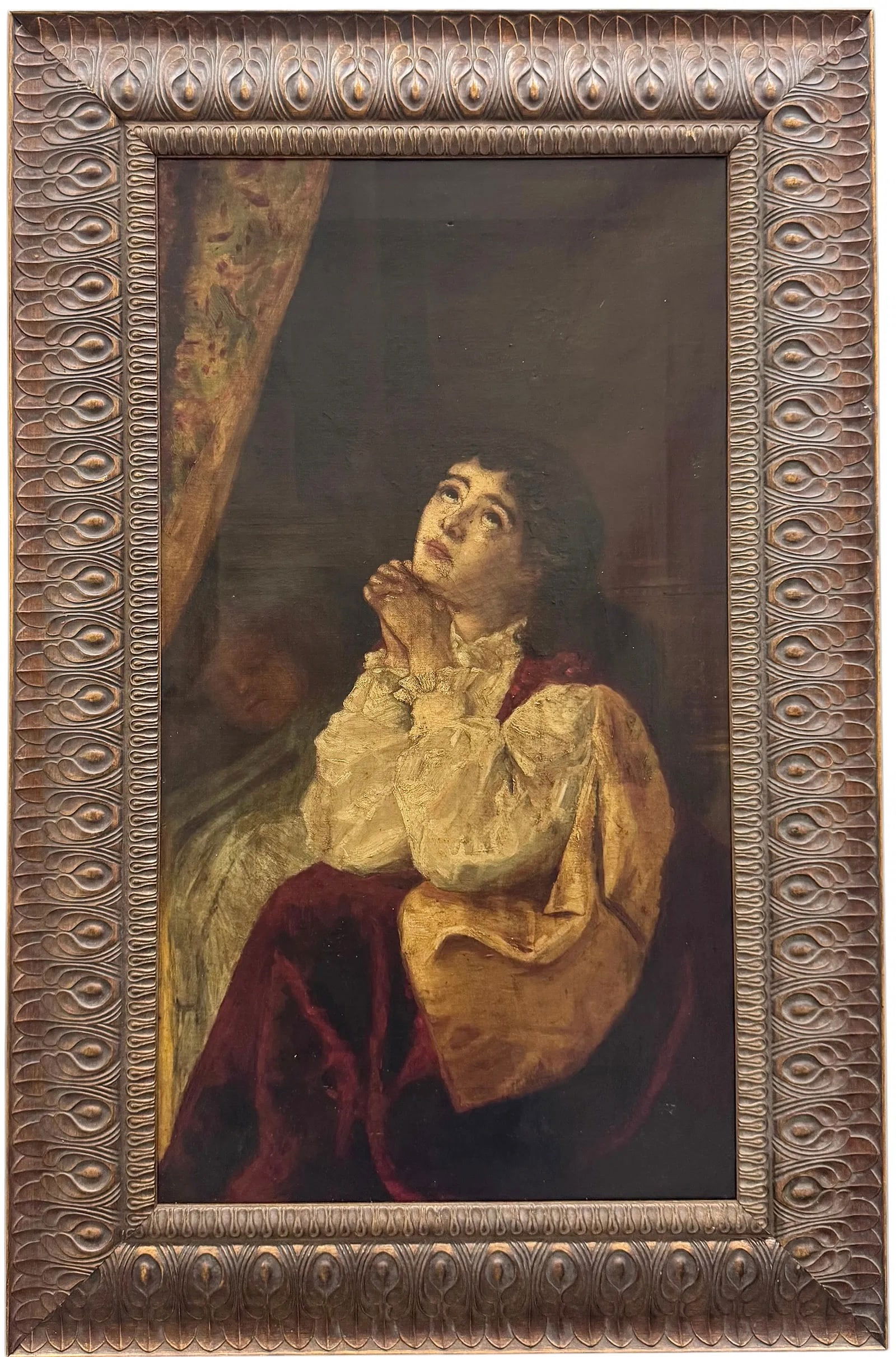 19th Century Portrait Of A Young Mother In Prayer Oil Painting: Oil on canvas 27 x 15 in, 34 1/2 x 22 1/2 in (framed). Domestic Flat Shipping Price: $90