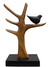 Modernist Carved Wood Bird Sculpture Signed By Artist 13"