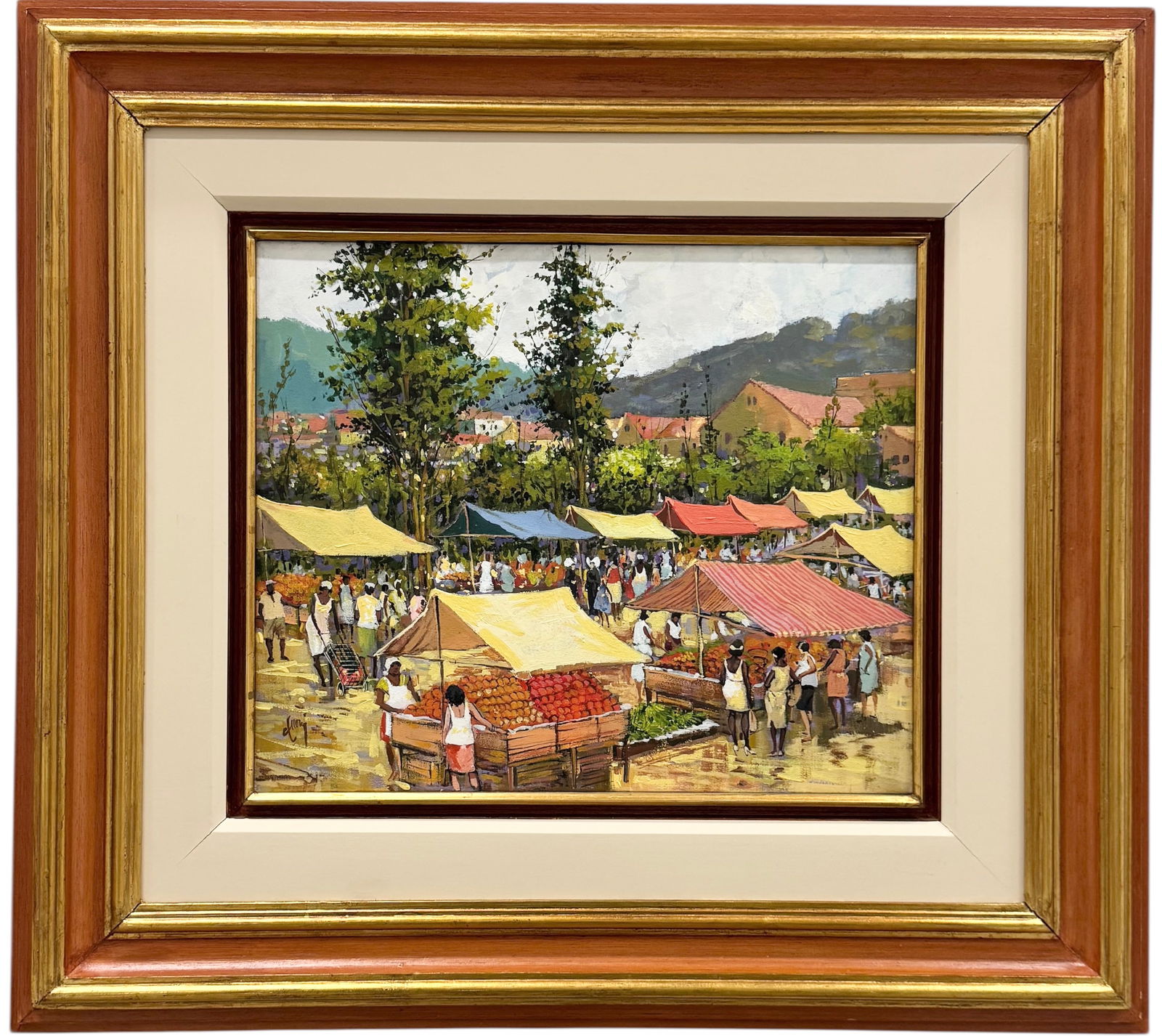 Market Scene: Oil painting on canvas 18 x 15 in, 31 x 28 in (framed). Domestic Flat Shipping Price: $90