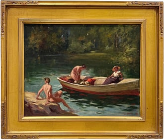 American School California Impressionist Nude Bathers At Lake Signed Oil Painting