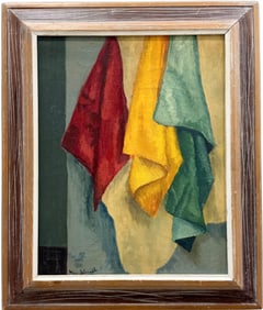 Early 20th Century American Still Life Of Hanging Towels Signed Oil Painting