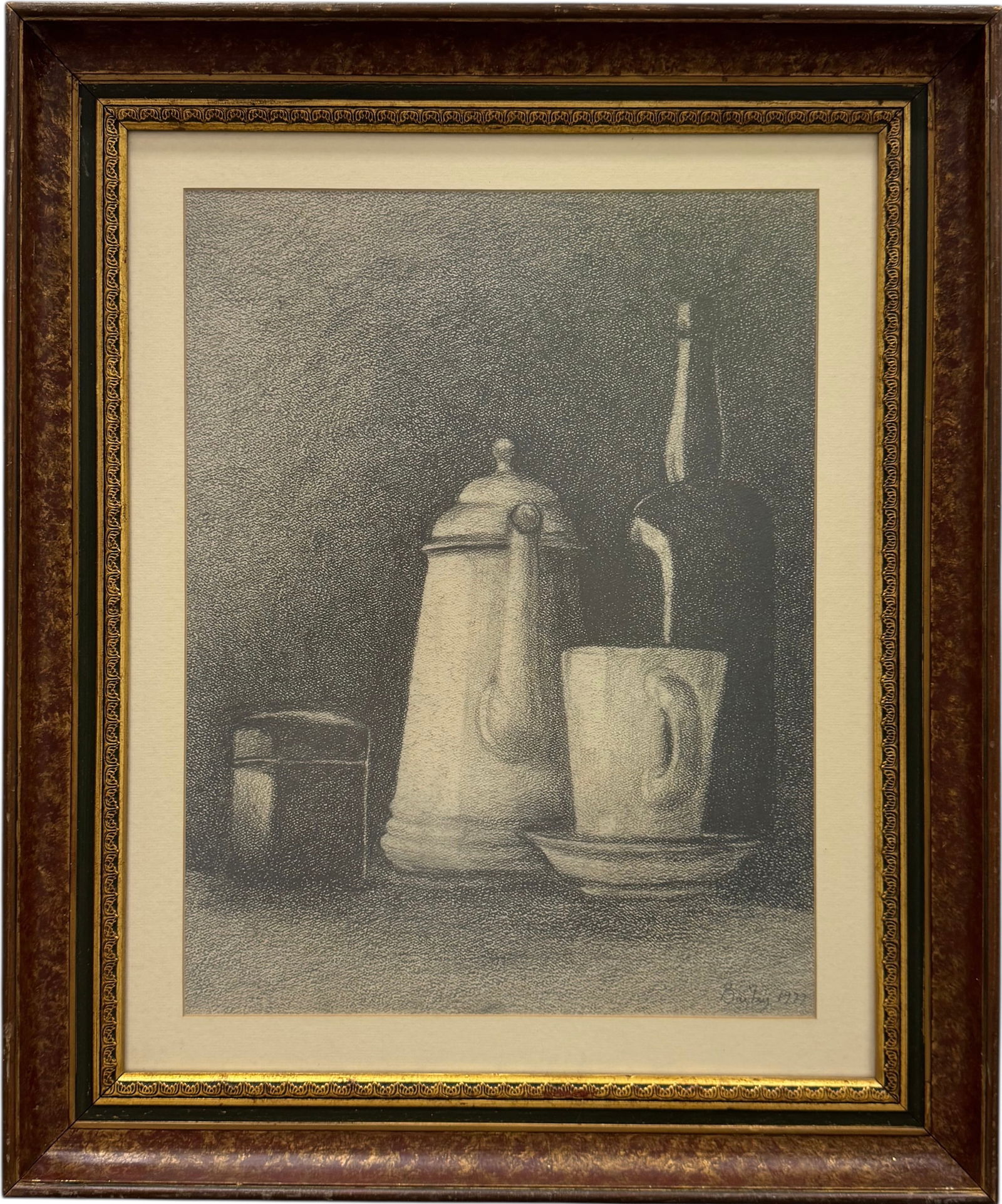 Nicely Framed Vintage American Charcoal Drawing Still Life Signed & Dated: Charcoal on paper 24 x 20 in (framed). Domestic Flat Shipping Price: $70