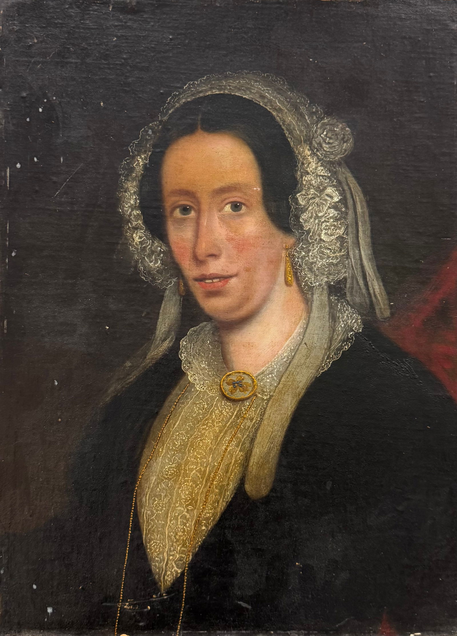 19th Century American School Portrait Of A Woman Oil Painting: Oil painting laid on board 24 x 17 1/2 in. Domestic Flat Shipping Price: $60