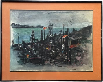 Mid-Century Modern American Brutalist industrial Harbor Scene Signed & Dated 1958