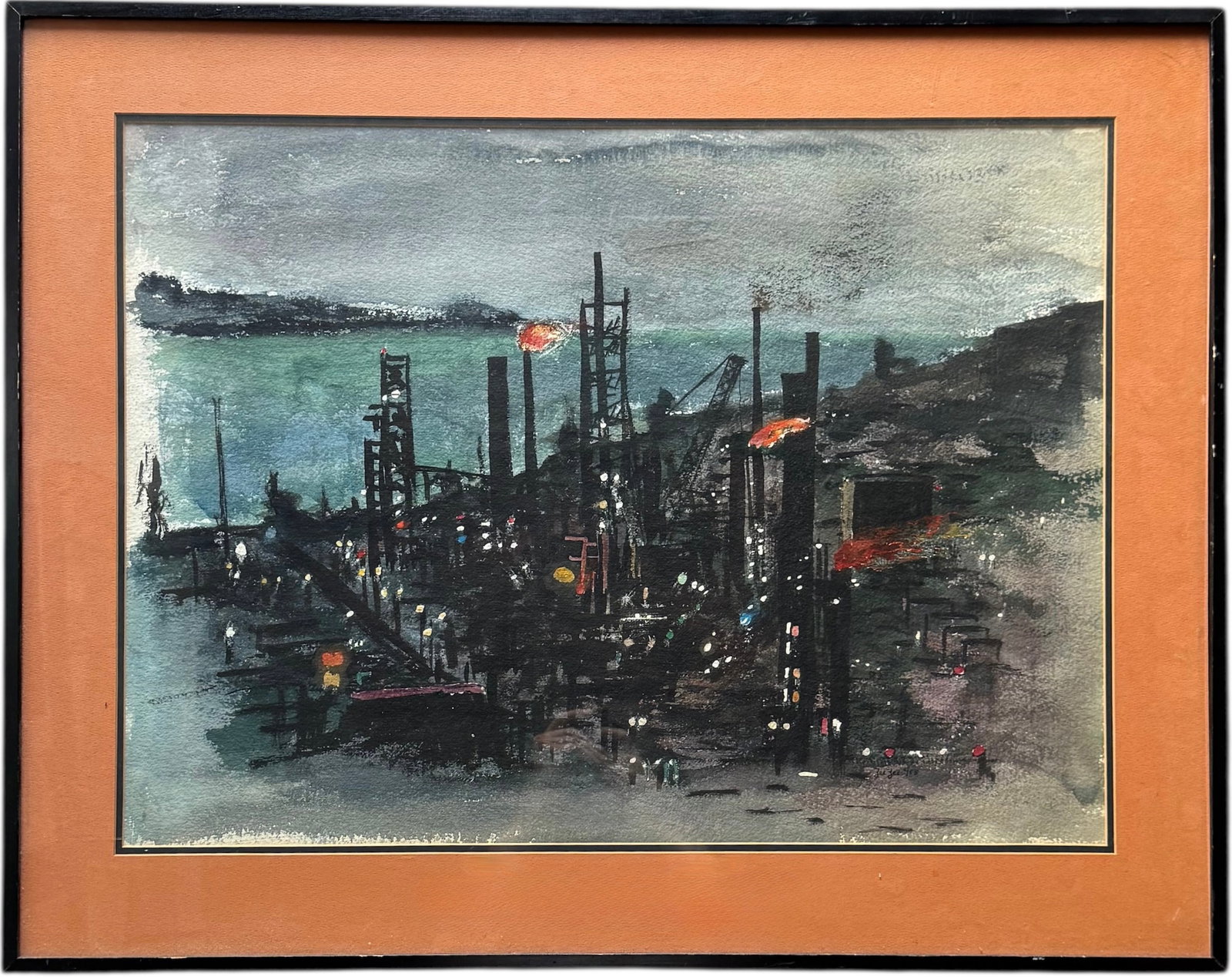 Mid-Century Modern American Brutalist industrial Harbor Scene Signed & Dated 1958 (1 of 2)