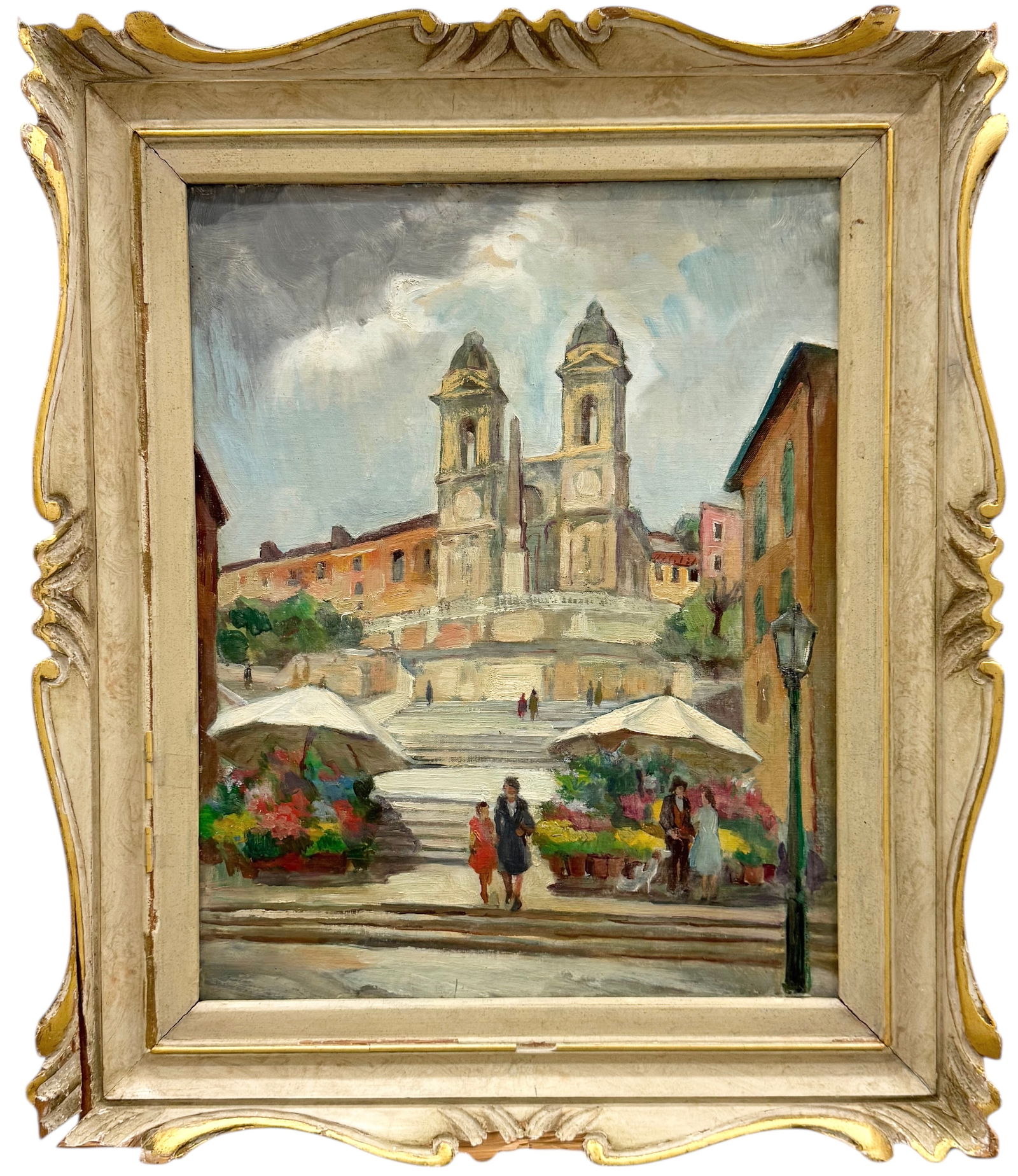Italian School Impressionist Spanish Steps Rome, Italy Oil Painting On Board: Oil painting on board 19 1/2 x 15 1/2 in, 25 1/2 x 22 in (framed). Domestic Flat Shipping Price: $80