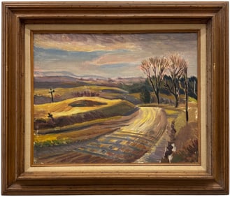 Mid 20th Century American School Country Road Landscape Painting
