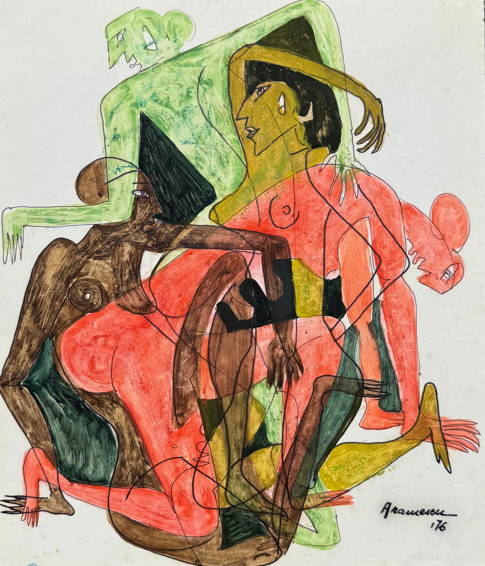 GEORGETA GIGI ARAMESCU (1910-1994, Romanian American) Cubist 1976: Mixed media on paper 14 x 12 in. Domestic Flat Shipping Price: $45