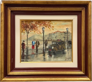 Latin American School Impressionist Rainy Day Street Scene Signed Painting