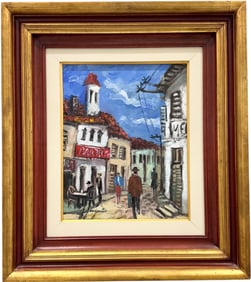 Latin American Village Street Scene Signed Impressionist Oil Painting