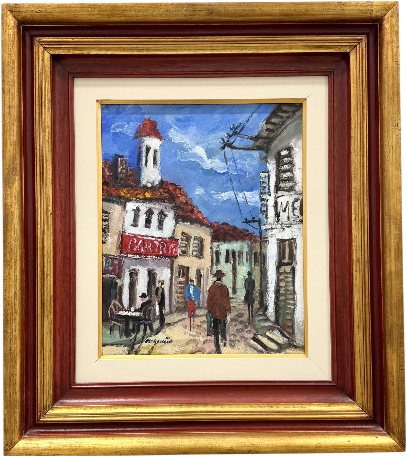 Latin American Village Street Scene Signed Impressionist Oil Painting: Oil on canvas 16 x 13 in, 27 1/2 x 24 1/2 in (framed). Domestic Flat Shipping Price: $80