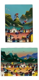 Pair Of Ecuadorian Surrealist Village Landscapes Signed Ayo