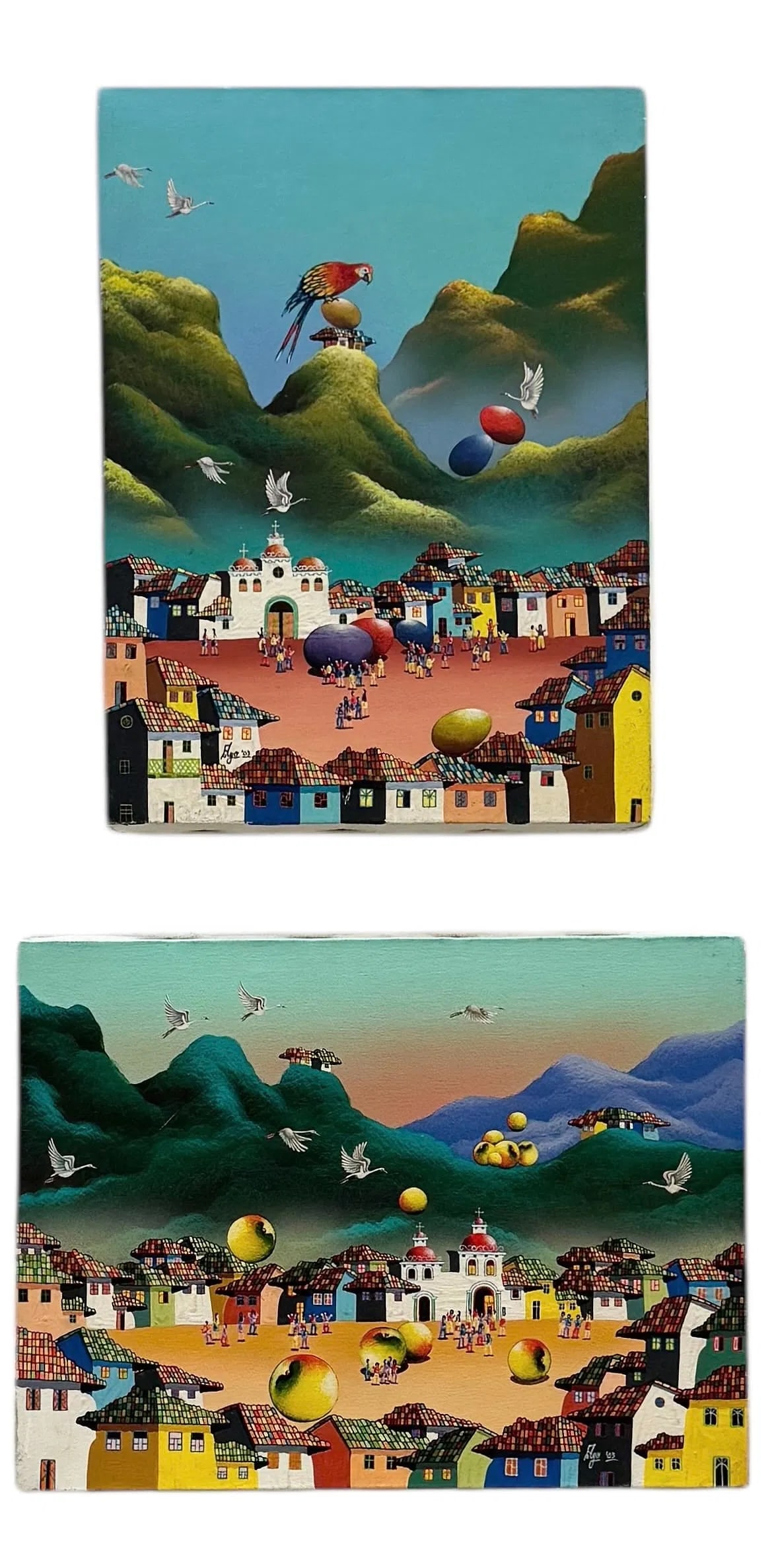 Pair Of Ecuadorian Surrealist Village Landscapes Signed Ayo: Oil painting on canvas 12 x 16 in. Domestic Flat Shipping Price: $45
