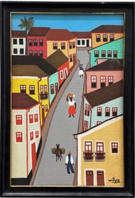 Vintage Primitive Caribbean Village Scene Signed Oil Painting