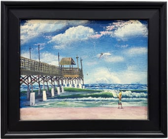 Impressionist Fisherman On Beach Cocoa Beach Pier Florida Signed Painting