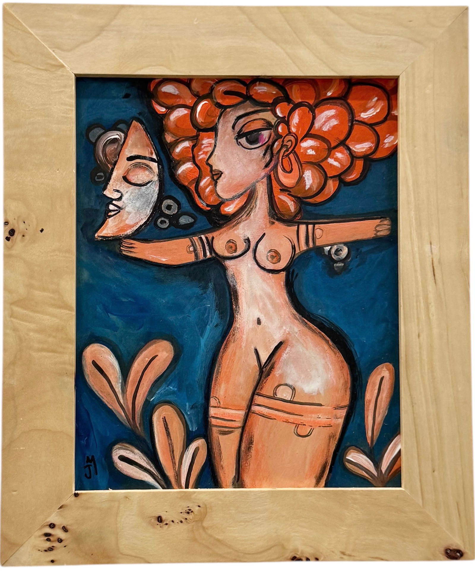 Contemporary Naive Nude Abstract Signed Painting: Oil on board 10 x 8 in, 13 x 11 in (framed). Domestic Flat Shipping Price: $45