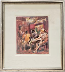 Nicely Framed Modernist Cafe Scene Watercolor Signed Illegibly