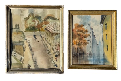 Pair Of Paris School Modernist Cityscape Watercolors