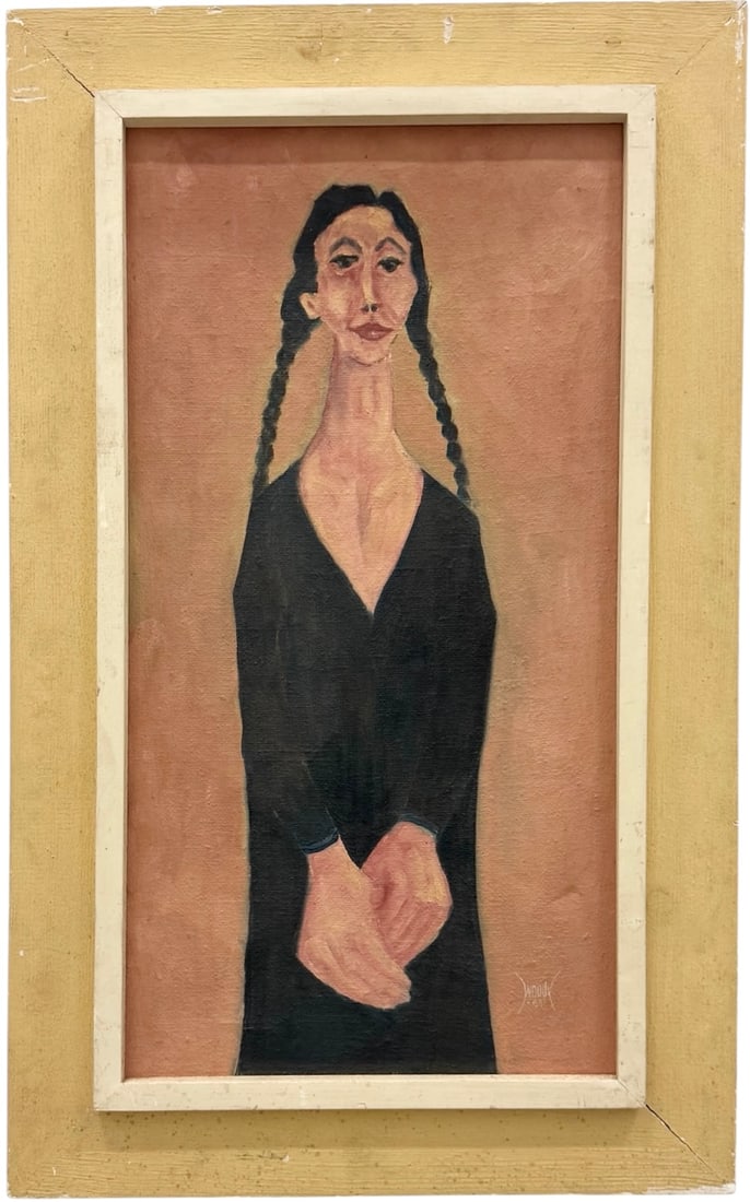 Mid-Century Modigliani Inspiried 1960's Portrait Of A Mexican Woman Signed Woody: Dated 1963. Artist unknown. Oil painting on canvas 34 x 18 in, 42 x 26 in (framed). Domestic Flat Shipping Price: $110