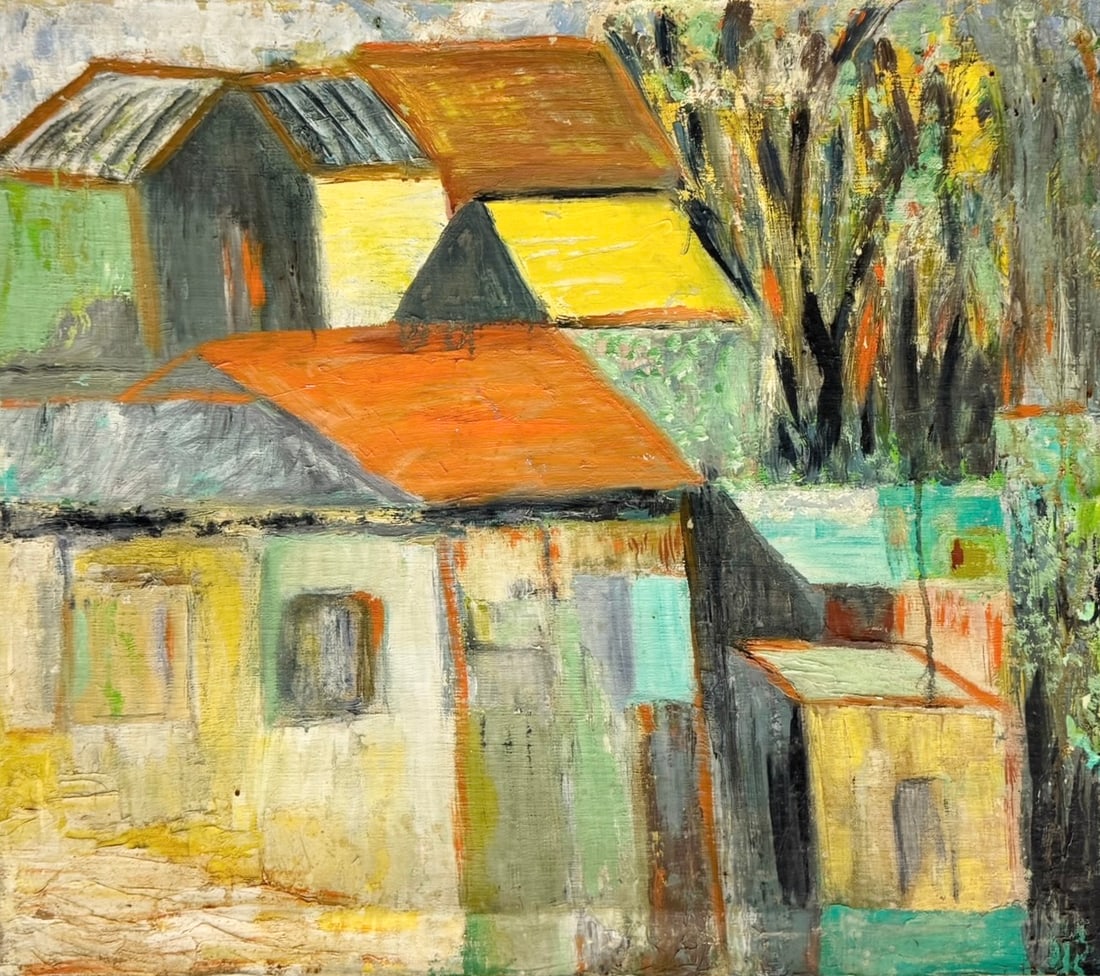 Mid-Century Modern Rural Townscape With Houses Expressionist Oil Painting: Unsigned. Oil painting on canvas 25 x 22 in. Domestic Flat Shipping Price: $70