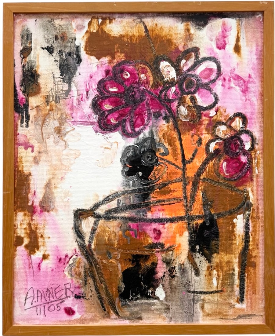 Nicely Framed Modernist Floral Still Life Signed Painting (1 of 3)