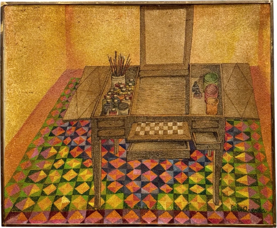 PIERO AVERSA (1928-1990, Italian) "My Coloring Table" Still Life, Key West Florida Artist: Oil painting on canvas 24 x 20 in. Domestic Flat Shipping Price: $60