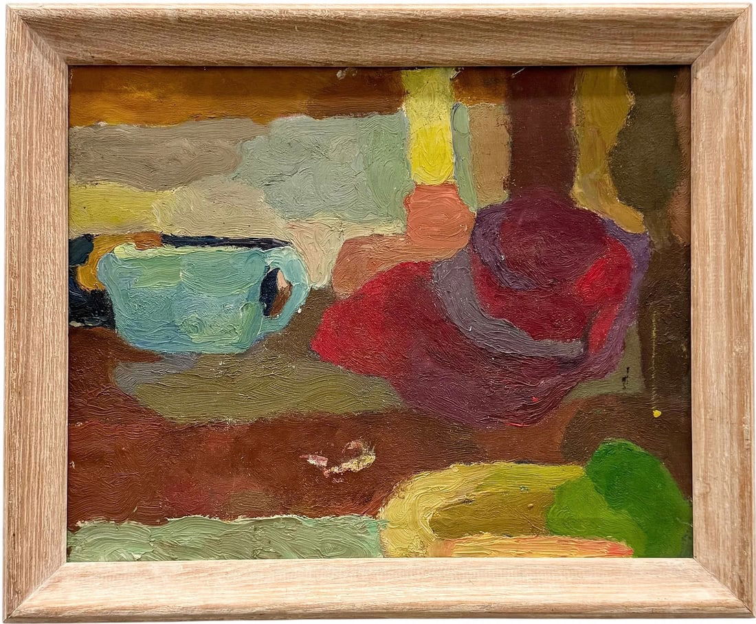 Modernist Still Life With Coffee Mug Heavy Impasto Oil Painting: Appears unsigned. Oil painting on canvas 19 3/4 x 15 3/4 in, 23 x 19 in (framed). Domestic Flat Shipping Price: $55