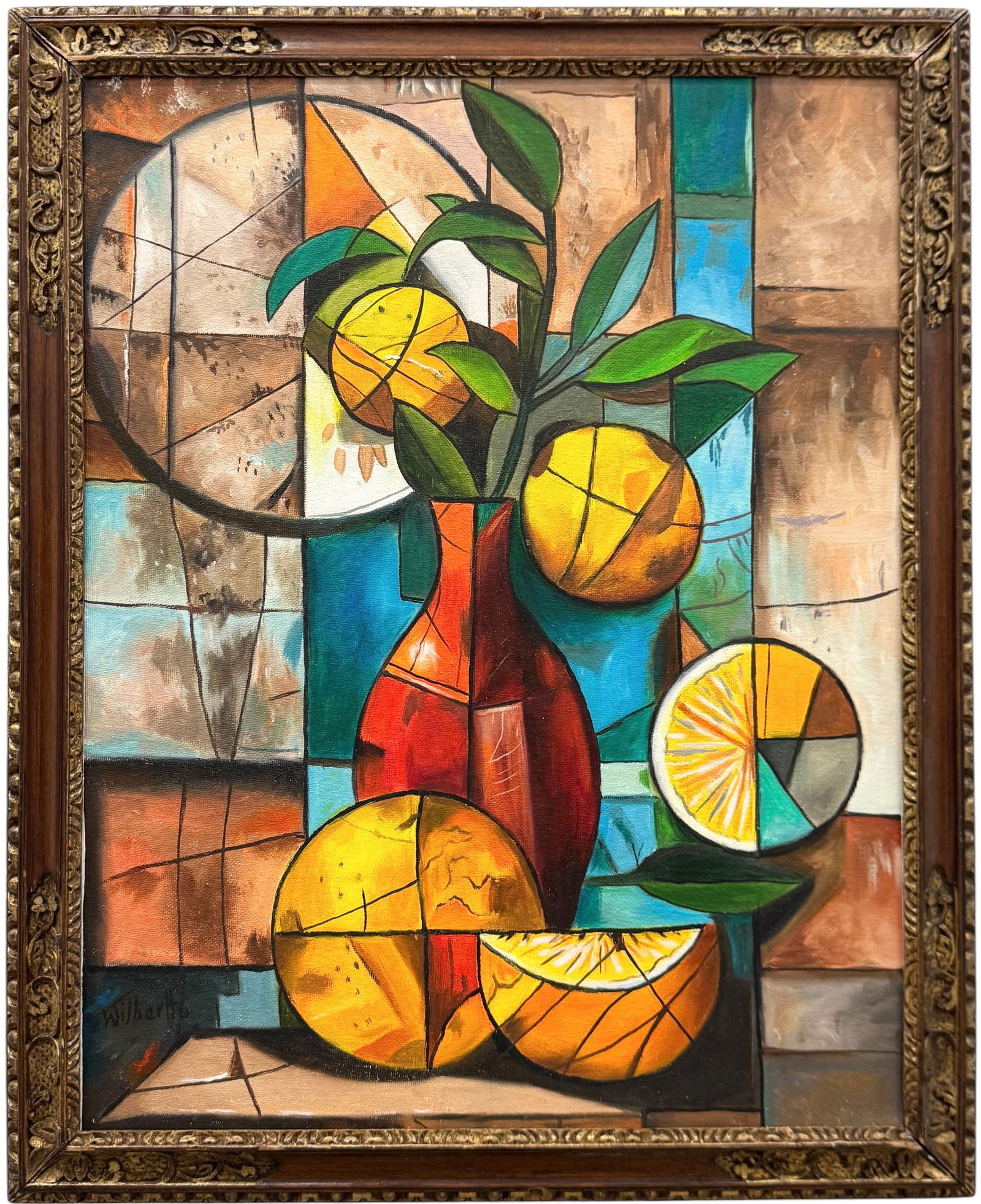 WILBER HERERRA ORTIZ (20th c, Mexico) Cubist Still Life: Oil painting on board 15 1/2 x 12 1/2 in, 17 1/2 x 14 1/2 in (framed). Domestic Flat Shipping Price: $55
