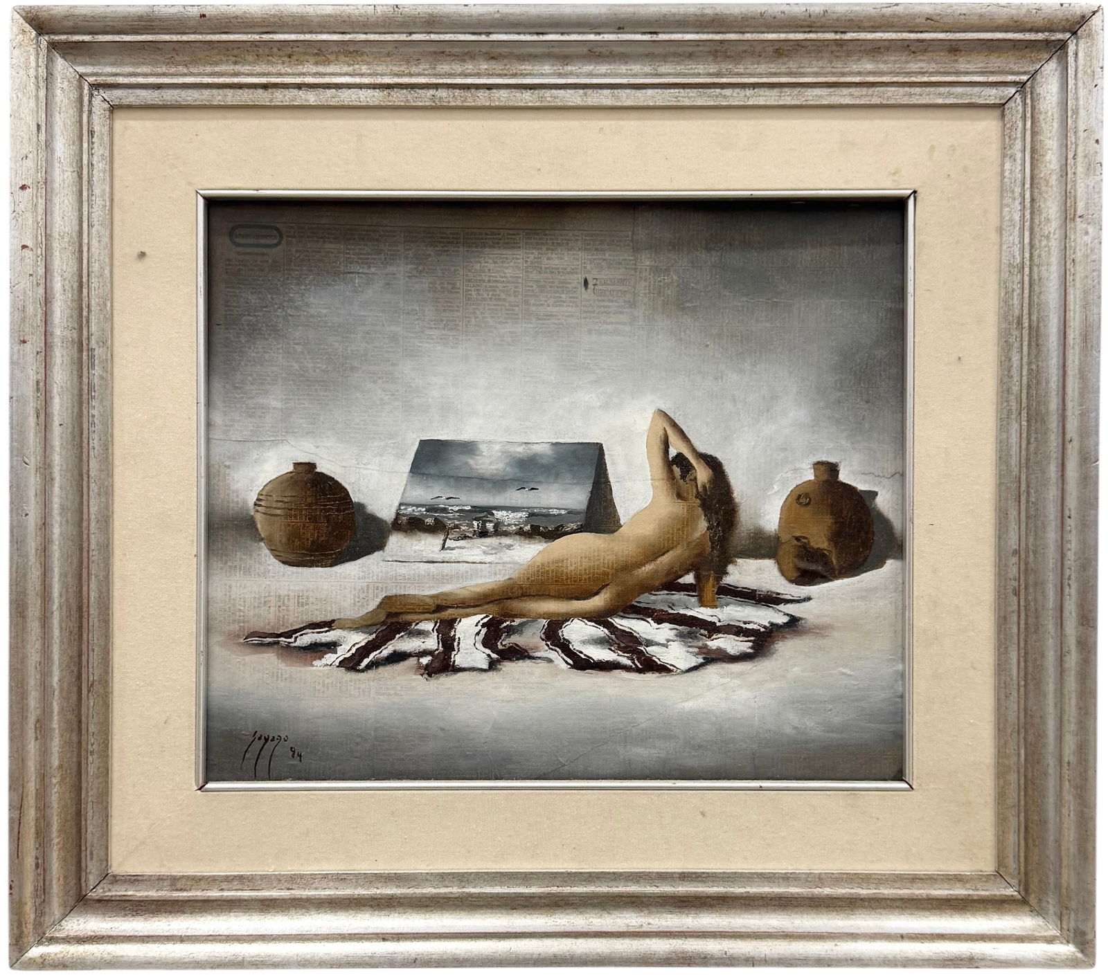 ADOLFO SAYAGO (b. 1963, Uruguay) Surrealist Nude: Oil painting on board 16 x 14 in, 22 1/2 x 20 in (framed). Domestic Flat Shipping Price: $55