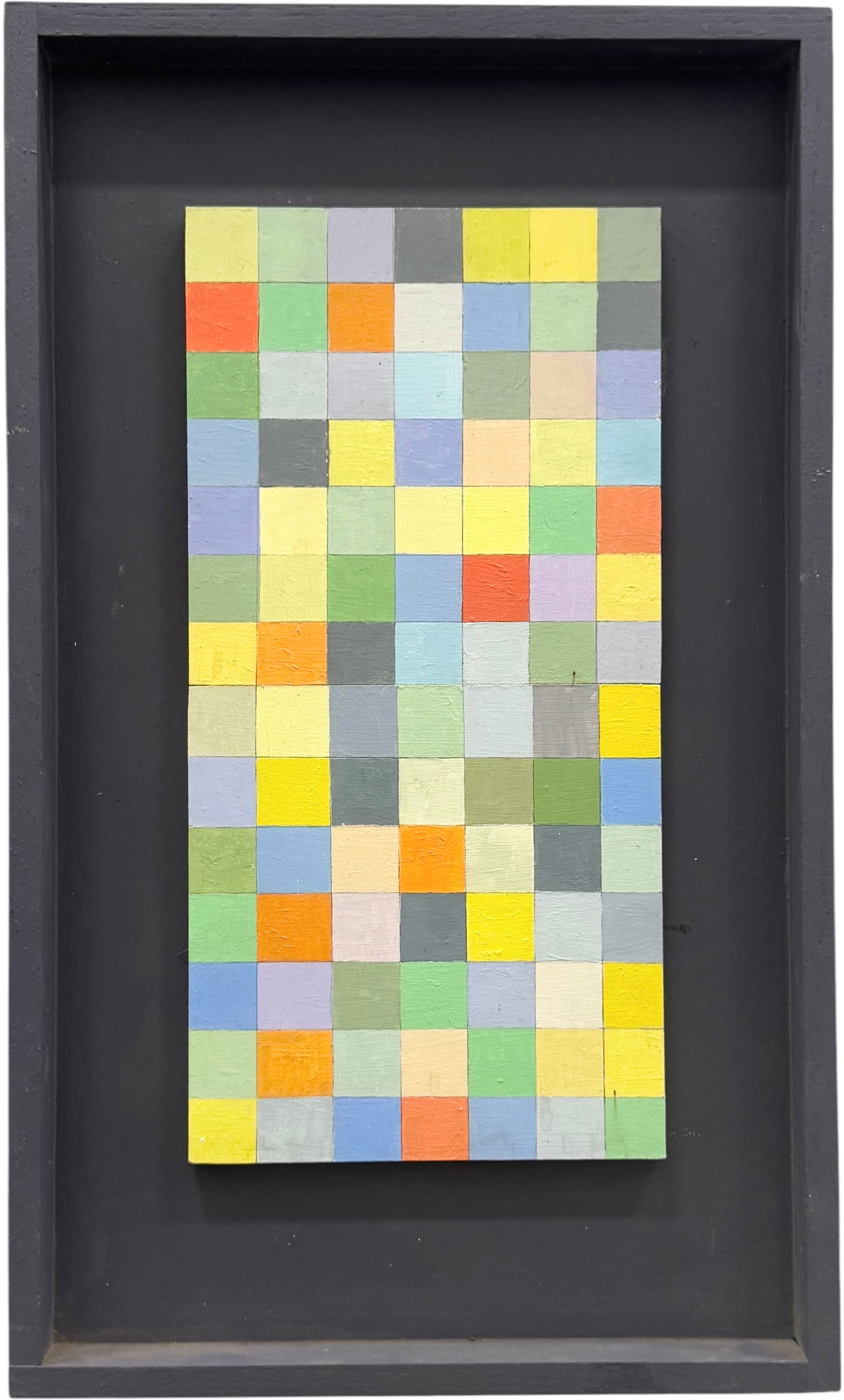 JEFF SNIDER Nicely Framed Contemporary Geometric Squares Abstract Painting: Oil painting on wood 14 x 7 in, 20 x 12 in (framed). Domestic Flat Shipping Price: $55