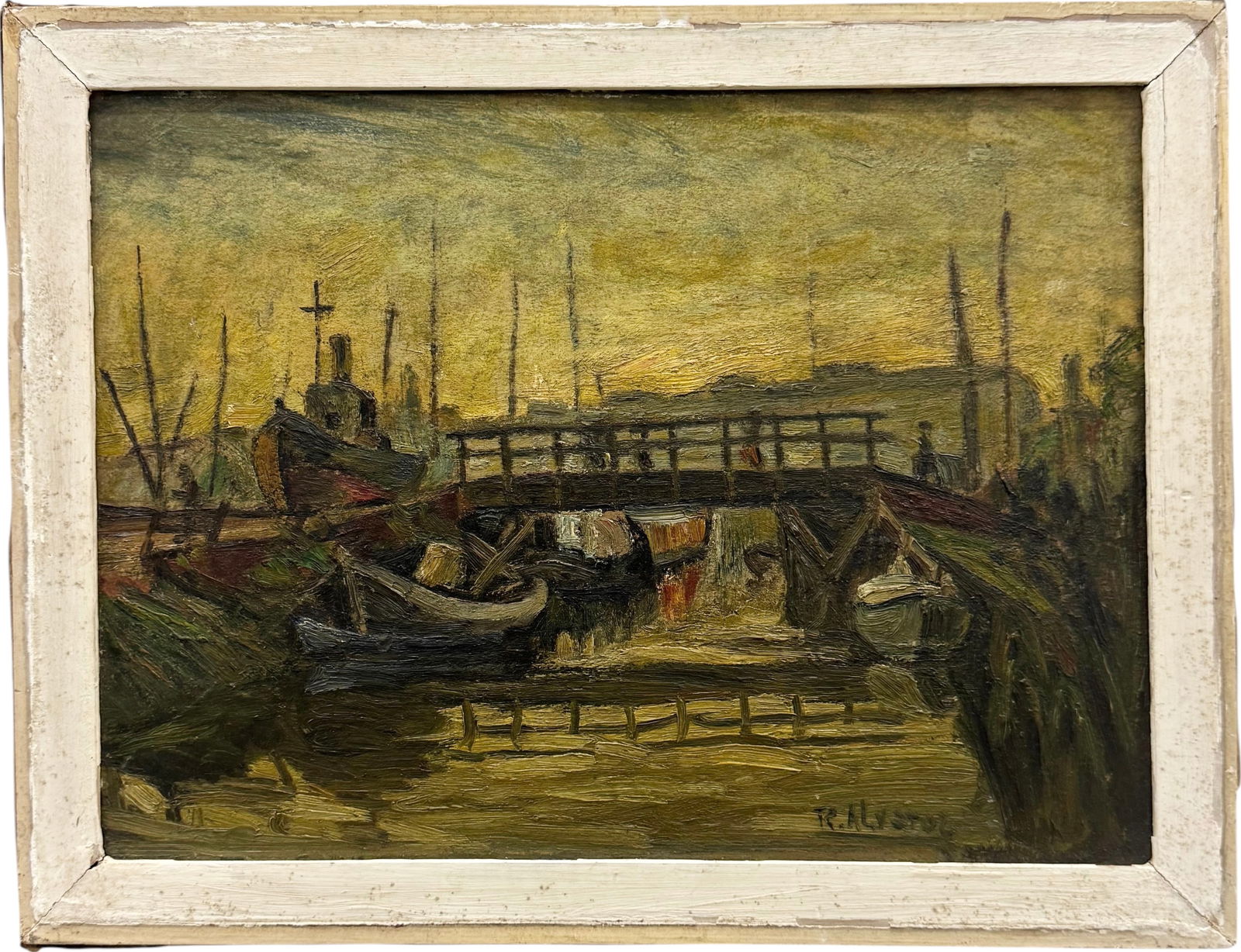 Early 20th Century Impressionist Harbor Scene Signed Illegibly Oil Painting (1 of 3)