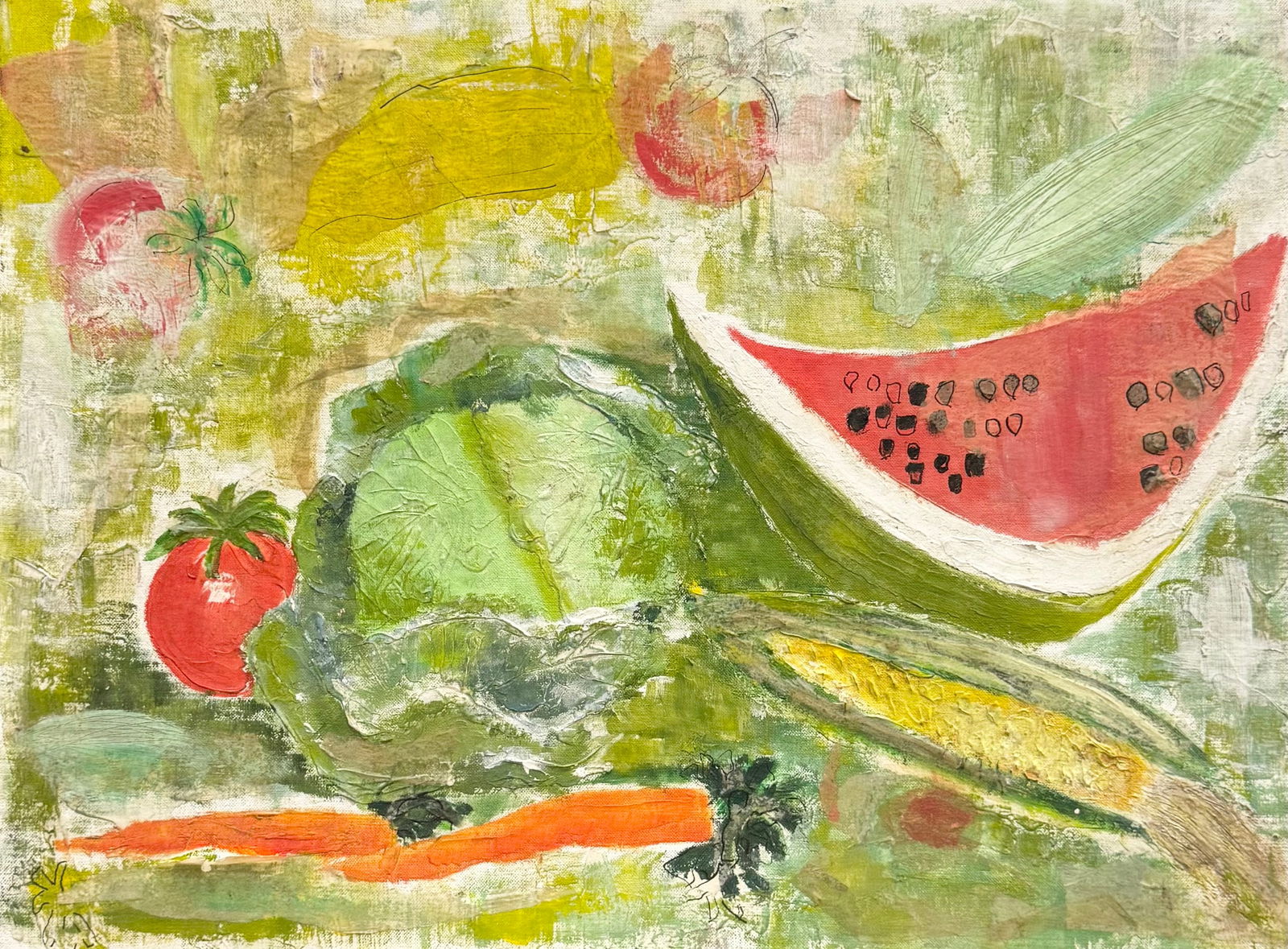 American Modernist Still Life Watermelon & Vegetables Heavy Impasto Oil On Board: Oil painting on board 24 x 18 in. Domestic Flat Shipping Price: $55