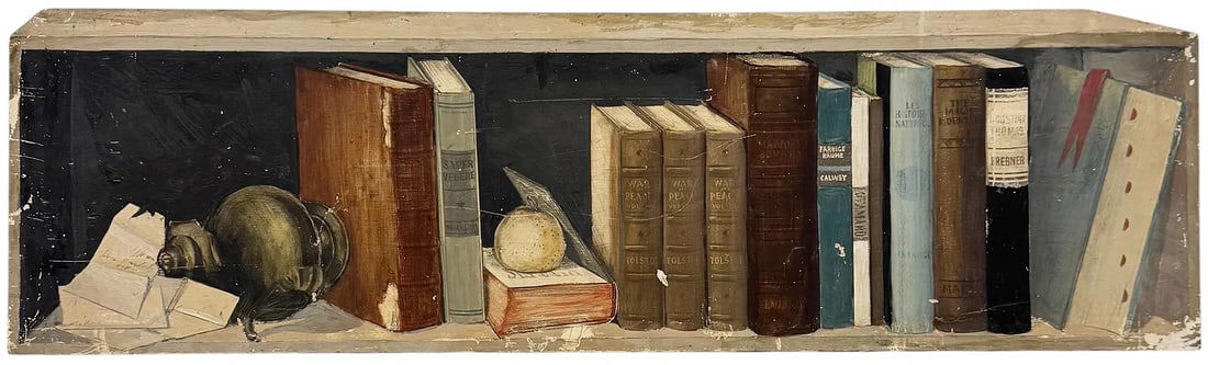 Old Books On A Shelf, Early 20th Century Trompe L'oeil Oil Painting: Oil painting on board 38 1/2 x 11 1/2 in. Domestic Flat Shipping Price: $80