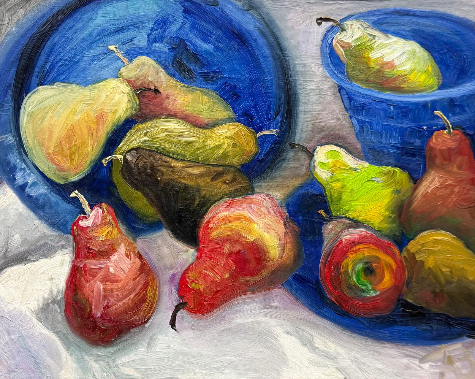 Modernist Kitchen Still Life Of Pears Signed Oil On Canvas Painting: Oil painting on canvas 20 x 16 in. Domestic Flat Shipping Price: $55