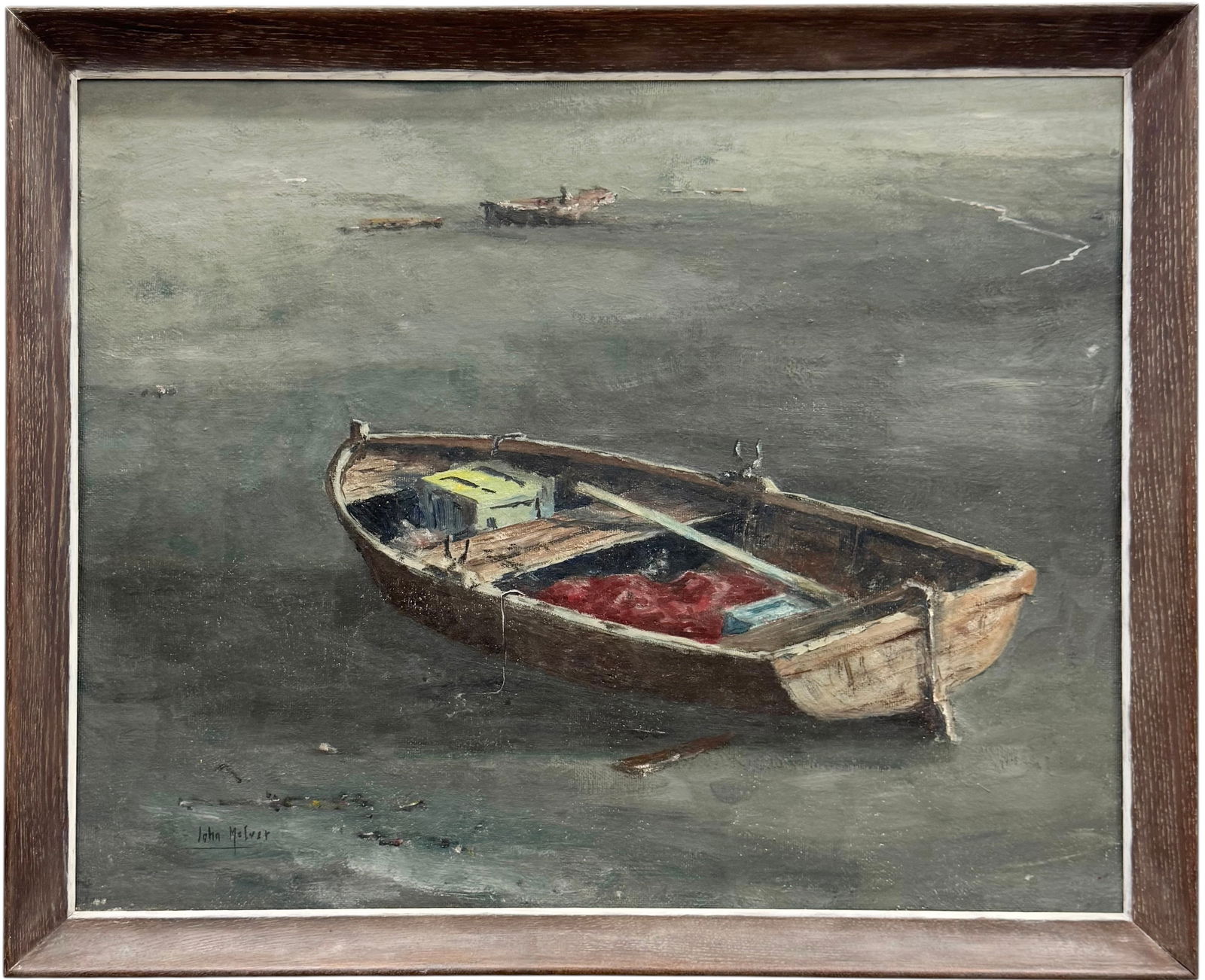 JOHN KOLB McIVER (1930-2019, American) "Rowboat" Jacksonville, Florida Artist: Acrylic painting on board 30 x 24 in, 33 x 27 in (framed). Domestic Flat Shipping Price: $110. John Kolb McIver was born in Jacksonville, FL in 1930. After graduating from Trinity College in Hartford,