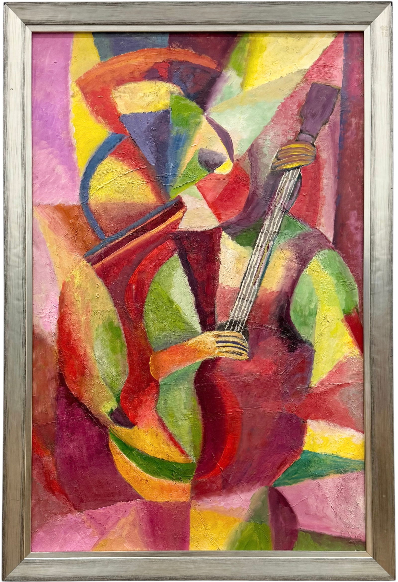 Mid-Century Modern Cubist Guitar Player Oil Painting (1 of 3)