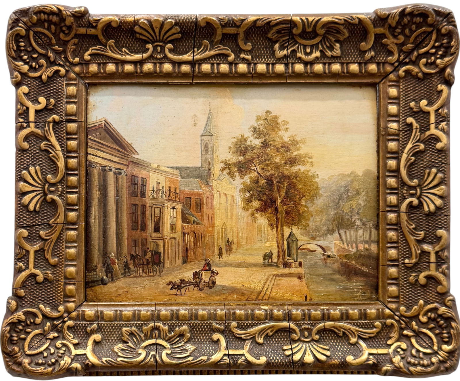 19th Dutch Cityscape Oil Painting On Wood Panel In Heavy Carved Gilt Gesso Frame (1 of 3)
