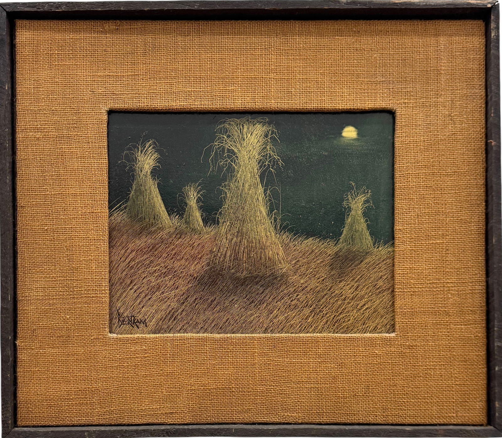Nicely Framed Oil Painting Of A Moonlit Haystacks Landscape Signed Bertram (1 of 3)