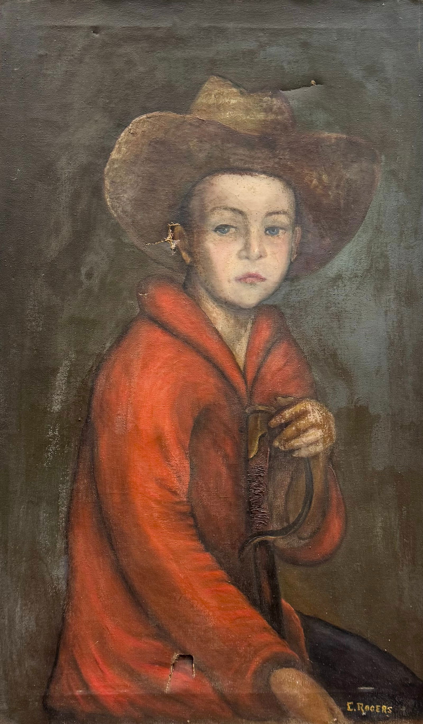 Early 20th/Late 19th Century American Portrait Of A Young Cowboy Holding A Sword: Period cowboy portrait. Oil on canvas 36 x 22 in. Domestic Flat Shipping Price: $90