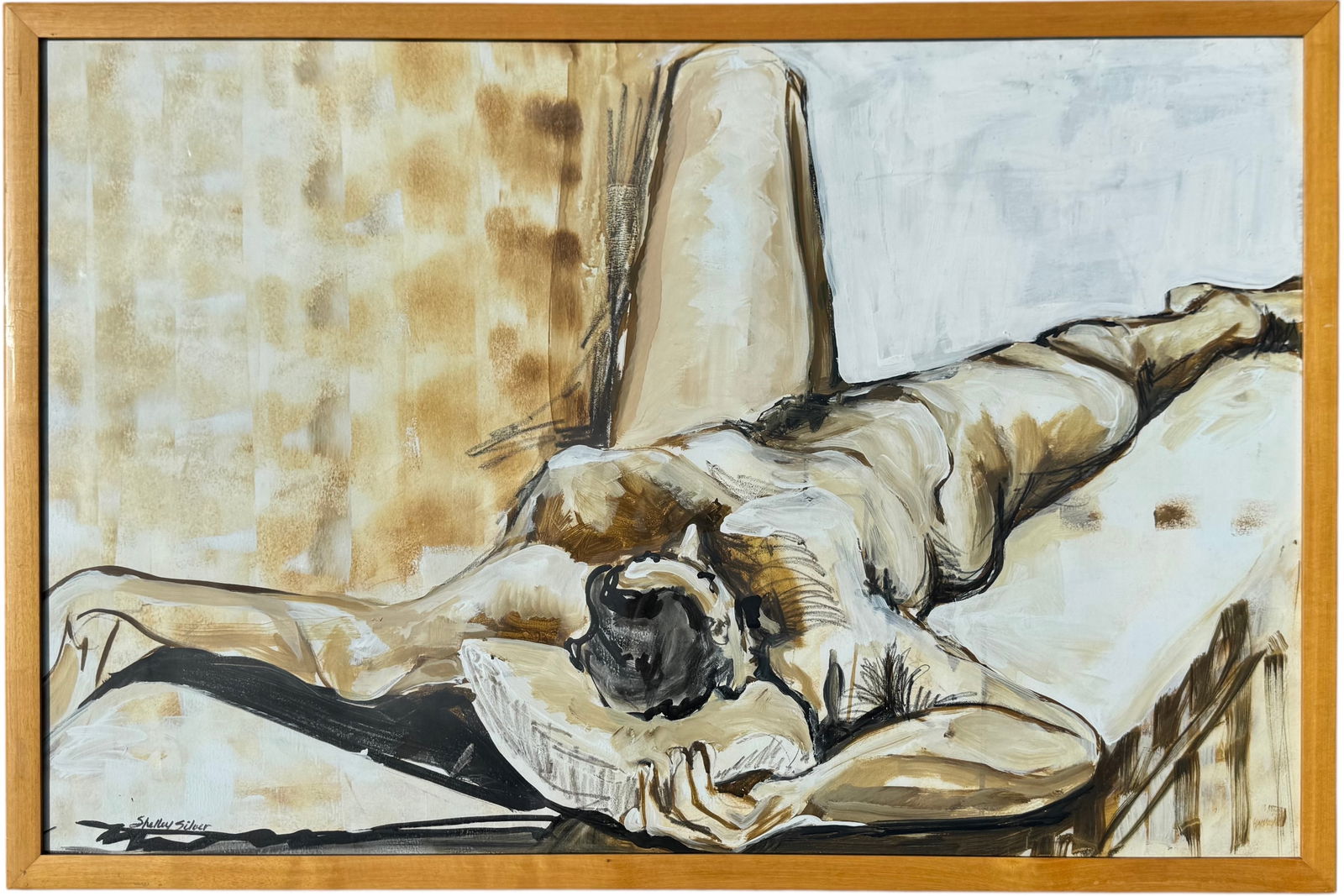 SHELLEY SILVER (20th c, American) Large Lying Male Nude: Acrylic on paper 41 1/2 x 28 in (framed). Domestic Flat Shipping Price: $130