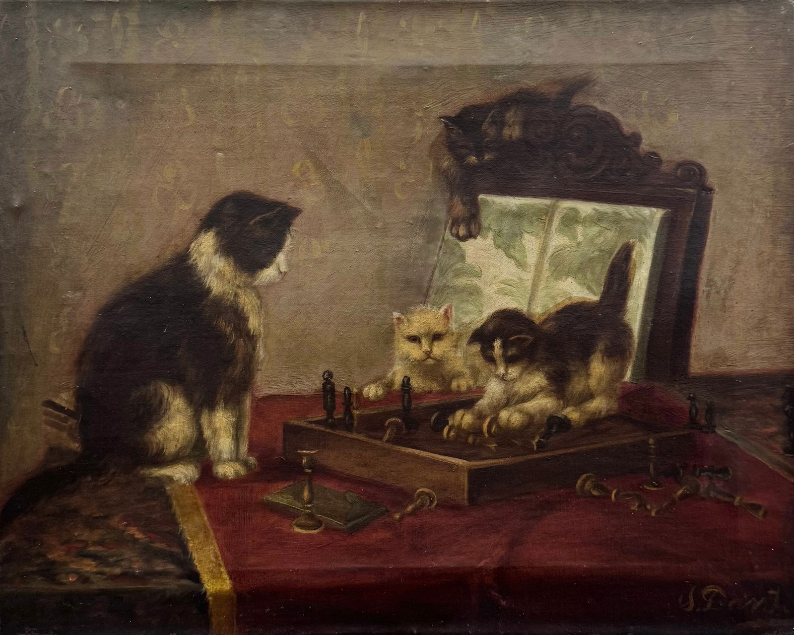 19th Century Signed Oil Paiting Of Cats Playing Chess (1 of 6)