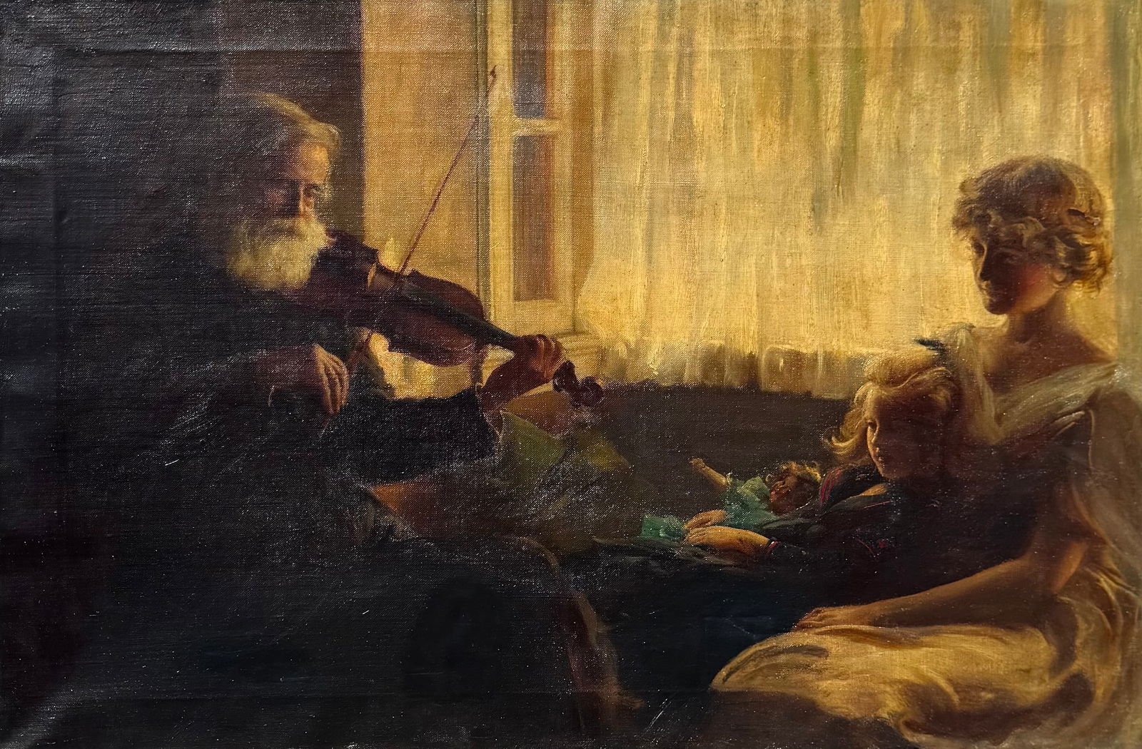 CHARLES COURTNEY CURRAN (1861-1941, American) Playing Violin For The Girls: Oil painting on canvas 30 x 20 in. Signed lower left (almost blends in). Comes from a Cape May, New Jersey estate collection. Domestic Flat Shipping Price: $110.