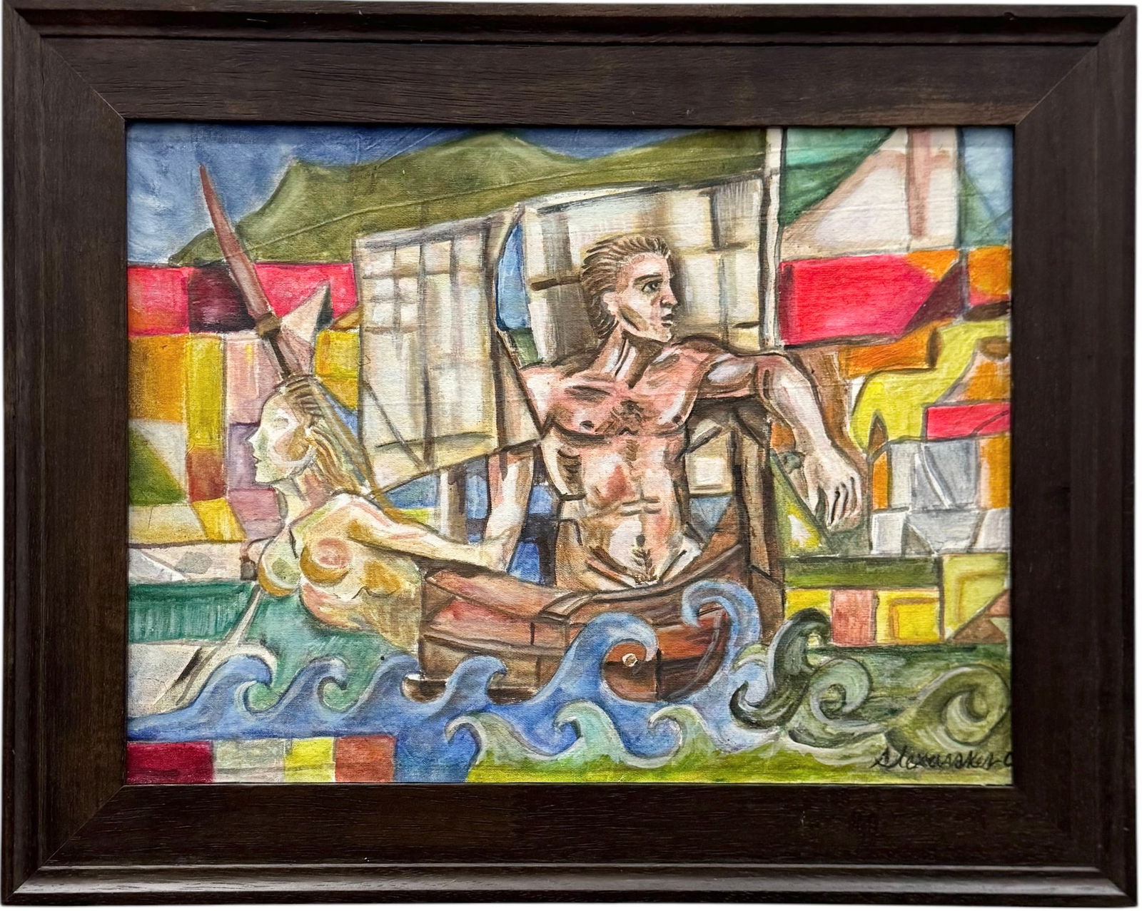 Surrealist Cubist Fantasy Scene Male Nude Figure On Ship Signed Painting: Oil painting on canvas 16 x 12 in, 20 x 16 in (framed). Domestic Flat Shipping Price: $55