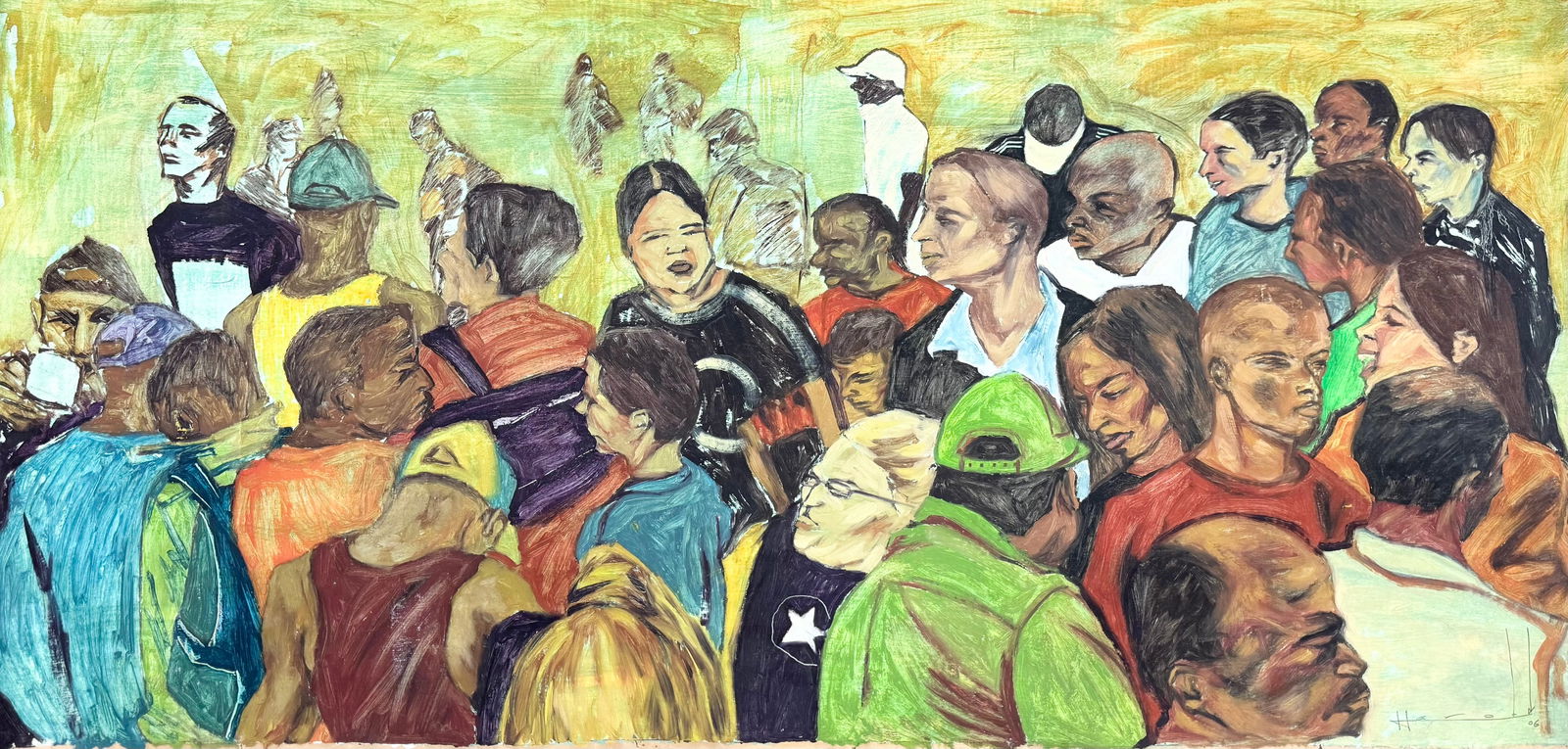 HAROLD LOPEZ MUNOZ (b. 1977, Cuban) Crowd Of People: Oil on paper 72 x 39 in. Domestic Flat Shipping Price: $55 (rolled)
