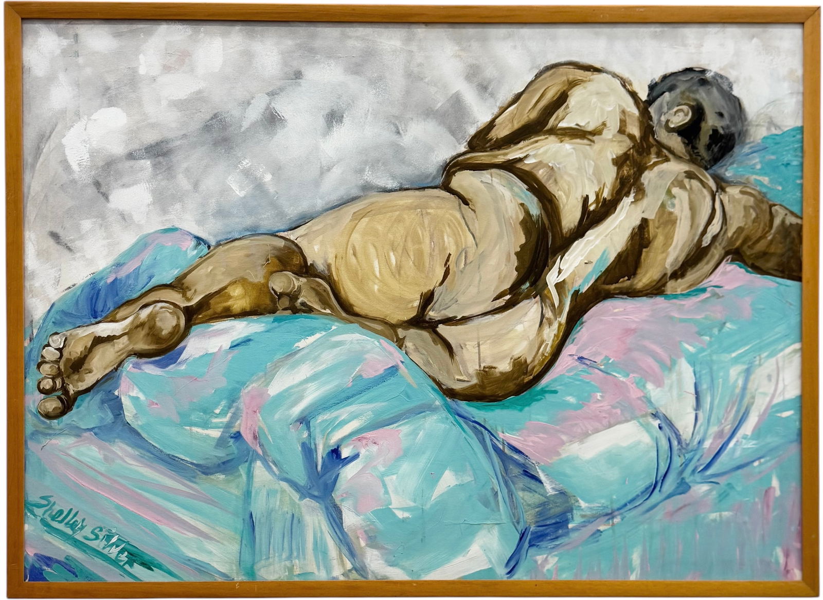 SHELLEY SILVER (20th c, American) Monumental Lying Male Nude: Acrylic painting on canvas 52 x 38 in (framed)
