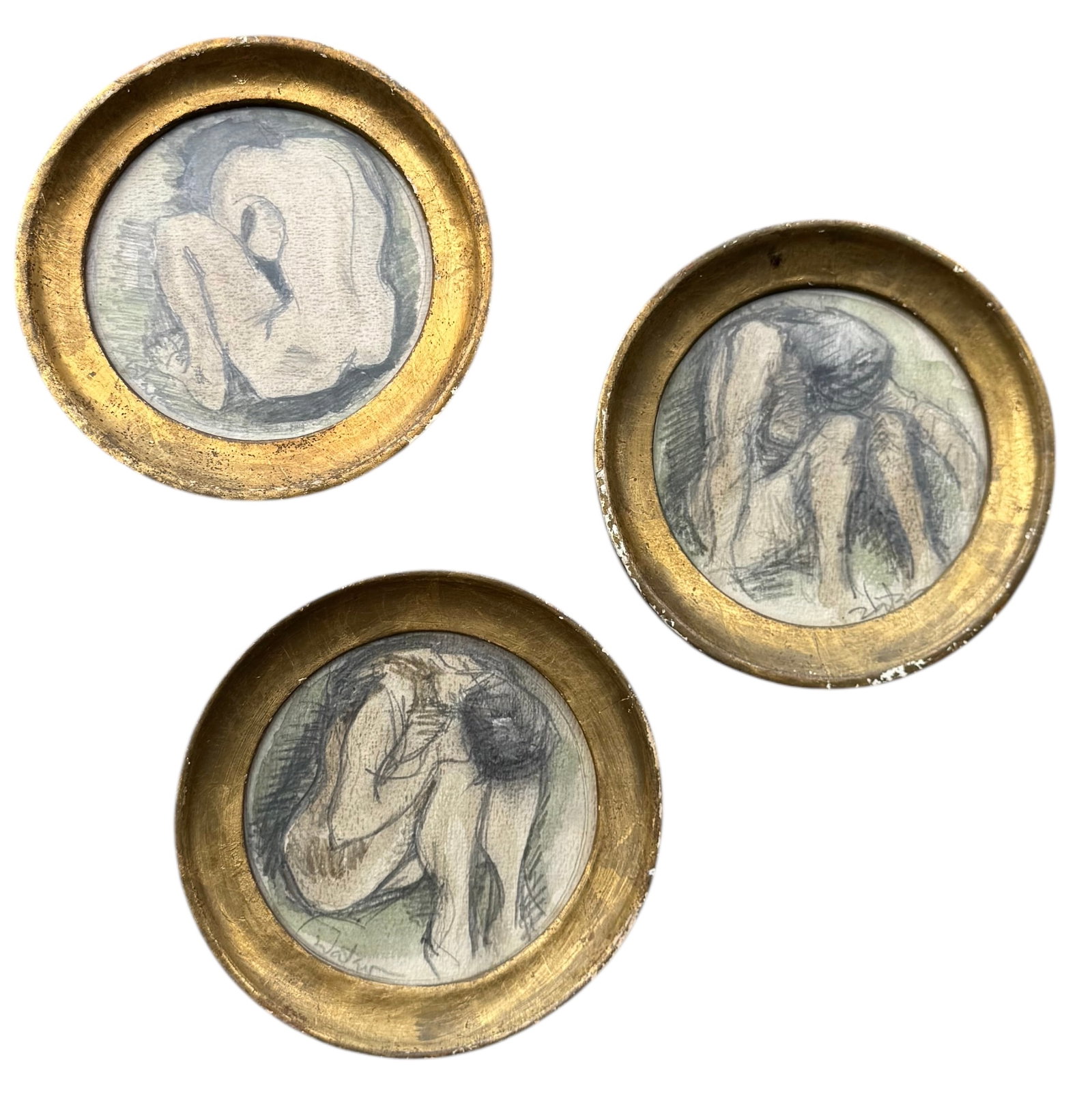 Set Of (3) Signed 1970's Modernist Nude Watercolors In Round Gold Frames: Watercolor on paper 6 1/2 in (framed). Domestic Flat Shipping Price: $45. All three are signed. Artist unknown.