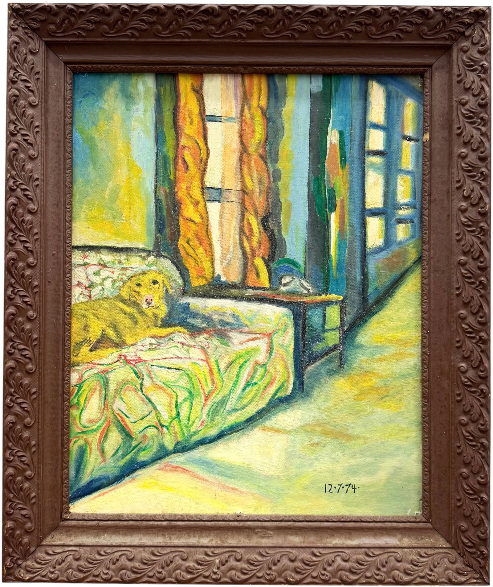 Vintage 1970's Interior Scene With Dog Signed Oil Painting: Oil painting on board 20 x 16 in, 24 x 21 in (framed). Domestic Flat Shipping Price: $55