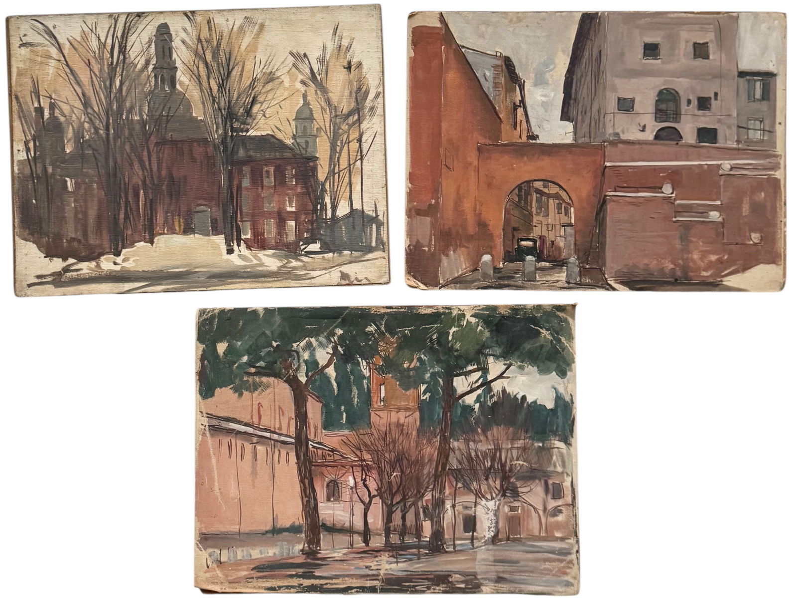 TORE ASPLUND (1903-1978, American) (3) Unsigned European Scenes: Oil painting on board 12 x 16 in (each). Domestic Flat Shipping Price: $55. These are from the artists estate that we sold previously. Guaranteed.