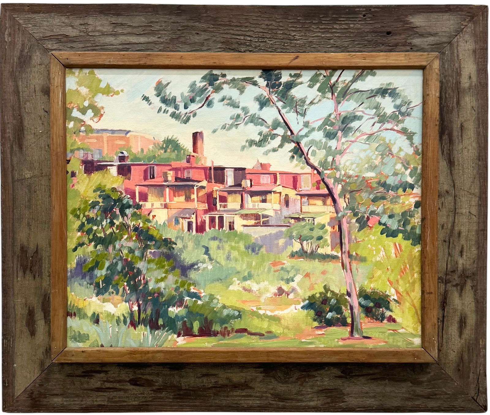GRACE A JONES (20th c, American) Reading, Pennsylvania Landscape, Great Frame: Oil painting on board 22 x 28 in, 32 1/2 x 38 1/2 in (framed). Domestic Flat Shipping Price: $120