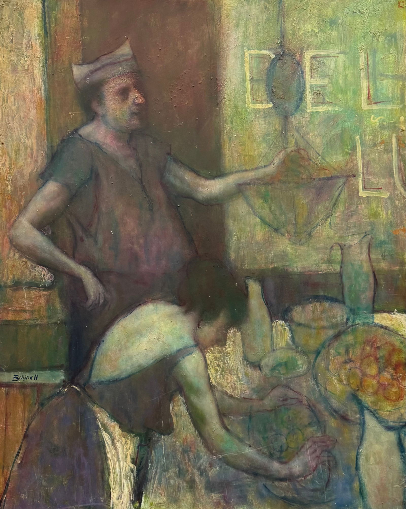 STEPHEN BAGNELL (1930-1996, American) Restaurant Scene, Monumental Painting: Oil painting on masonite 60 x 48 in